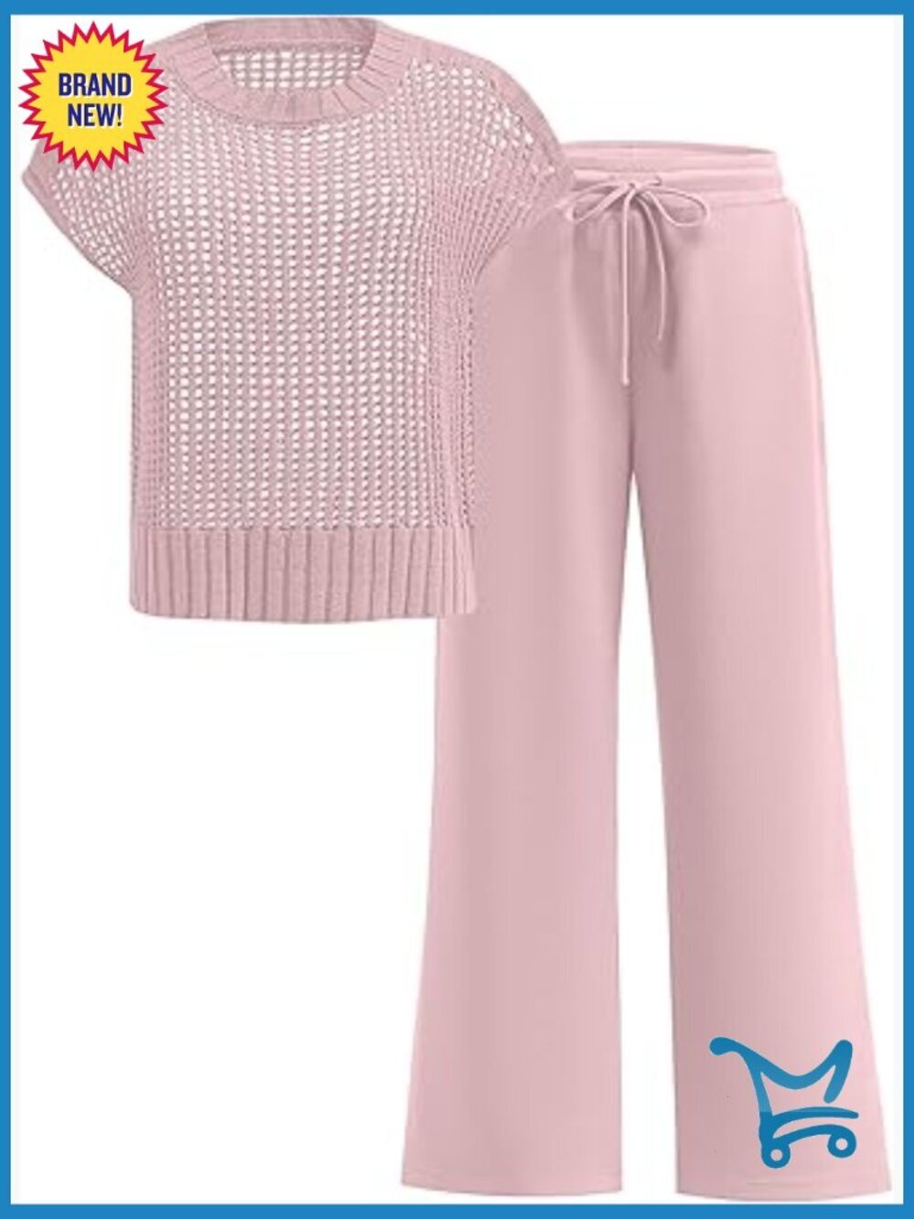Women's Two Piece Outfit Crochet Sheer Knit Sweater Top Wide Leg Pants Lounge